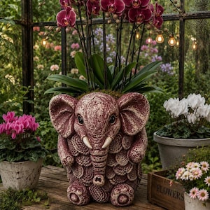 May include: A dark red, textured elephant-shaped planter featuring large ears, a trunk, and tusks. The planter holds a tall orchid plant with deep magenta flowers and green leaves, positioned among other potted flowers in a greenhouse setting.