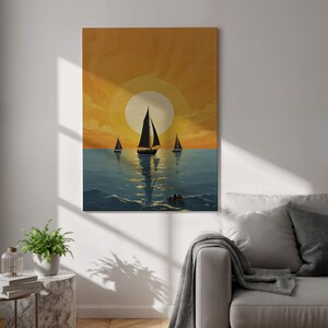 Sailing Boat Canvas, Sunset Ocean Wall Art, Framed Nautical Print, Golden Hour Sea Decor, Coastal Landscape Canvas, Summer Travel Gift