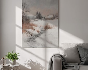 Winter Cabin Canvas Wall Art, Rustic Snow Landscape Art With Frozen Stream, Country Farmhouse Framed Scene for Cozy Living Room and Bedroom