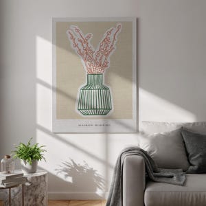 Arte de parede em tela com vaso listrado, pôster com desenho floral, impressão botânica minimalista, decoração moderna com ou sem moldura para espaços interiores tranquilos