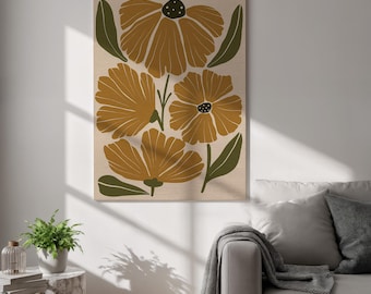 Abstract Floral Canvas Wall Art, Modern Mustard Botanical Print, Green and Yellow Poster, Framed Nature Decor for Bedroom and Living Room