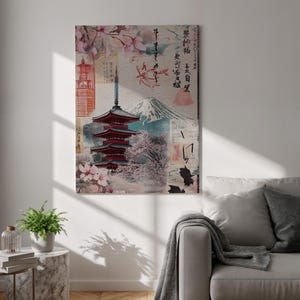 Japanese Pagoda Canvas Wall Art, Cherry Blossom Fuji Print, Retro Japan Poster, Framed Oriental Decor for Bedroom Living Room, Gift For Her