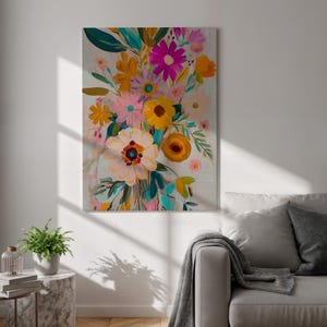 Colorful Floral Canvas Wall Art, Bright Flower Bouquet Print, Abstract Boho Poster, Framed Vibrant Decor for Bedroom and Living Room