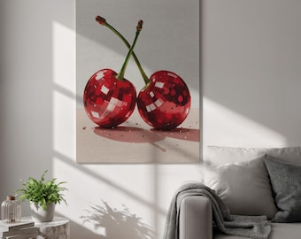Lienzo decorativo de cereza disco, póster de cocina con frutas divertidas, estampado de cereza roja pop art, obra de arte enmarcada con estética Y2K para dormitorio y estudio.