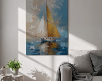 Gele zeilboot canvas muurkunst, abstracte oceaan nautische print, moderne kustboot schilderij, ingelijst blauw en goud decor voor strandhuis