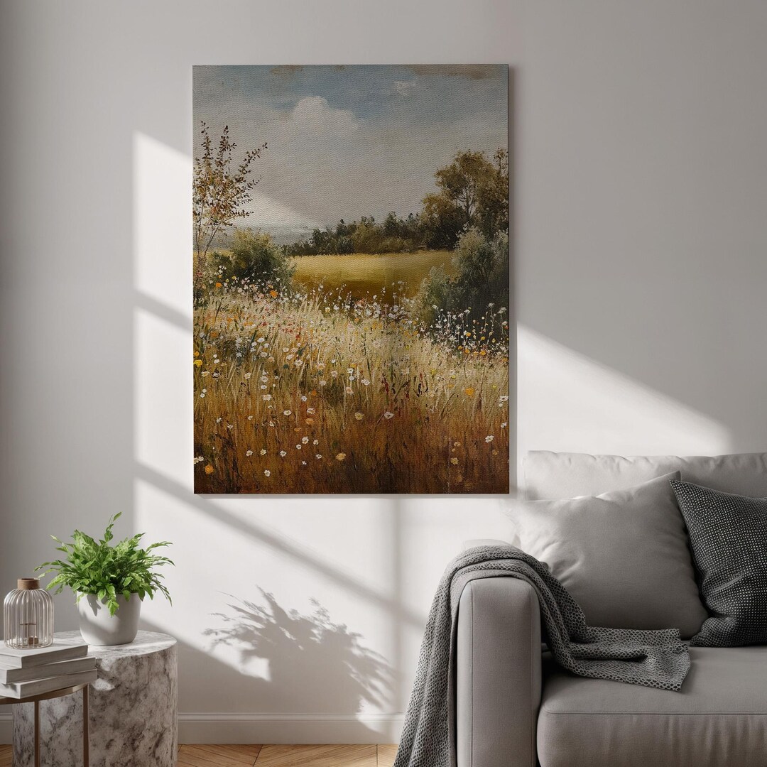 Rustic Meadow Landscape Canvas, Wildflower Field Wall Art, Country ...