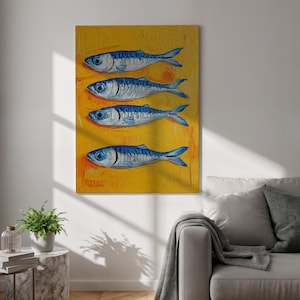 Blue Fish Canvas Wall Art, Yellow Coastal Kitchen Print, Modern Nautical Poster, Framed Mediterranean Decor for Dining Room and Beach House