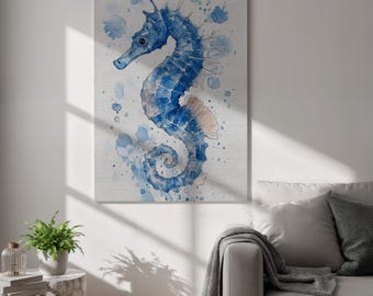 Blue Seahorse Canvas Wall Art, Watercolor Ocean Print, Nautical Coastal Poster, Framed Beach House Decor for Bathroom and Living Room