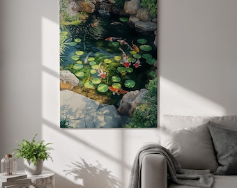 Japanischer Koi Fisch Leinwanddruck, Zen Garten Teich Wandkunst, Naturmalerei Poster, gerahmte Seerose Druck für Wohnzimmer