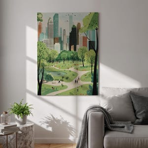 Stadtpark Leinwanddruck, Urbane Grüne Wandkunst, Modernes Stadtbild Poster, Gerahmtes Lebendiges Natur Dekor für Wohnzimmer und Büroräume