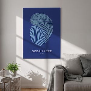 Ocean Life Canvas, Nautical Wall Art, Modern Shell Print, Blue Coastal Decor, Framed Sea Inspired Poster, Minimal Room Accent, Gift Idea