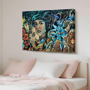 Woman Among Flowers Wall Art, Surreal Canvas Print, Housewarming Gift, Surreal Canvas Wall Art, Framed Canvas Wall Art, Large Wall Art
