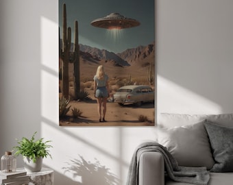 Lienzo retro de abducción extraterrestre, impresión de escena ovni del desierto, decoración vintage de ciencia ficción extraterrestre enmarcada para sala de juegos, dormitorio o salón.