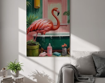 Flamingo Bathroom Canvas Wall Art, Funny Tropical Animal Art, Framed Spa Decor for Girls Bathroom, Boho Flamingo Art for Vanity or Tub Area