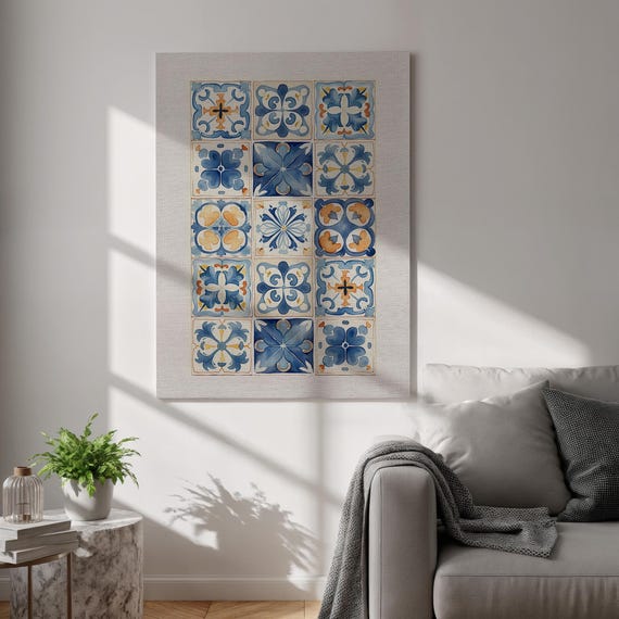 Mediterranean Tile Art Canvas Print, Blue Orange Vintage Wall Decor, Spanish Ceramic Pattern Poster, Framed Rustic Art Kitchen and Entryway