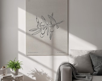 Olive Branch Line Art Poster, Minimalist Botanical Canvas Print, Kitchen Wall Decor Gift, Nature Sketch For Mediterranean Interiors