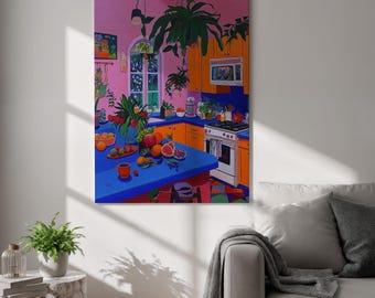 Colorful Kitchen Canvas Print, Maximalist Fruit Wall Art, Vibrant Retro Home Decor,Framed Tropical Artwork for Dining Room and Cooking Space