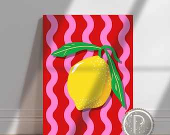 Impressão de listras onduladas de limão: decoração com dopamina, rosa e vermelho (download digital) - arte de parede com frutas, decoração estética para casa, para impressão
