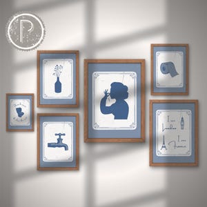 Blauwe badkamerkunst: set van 6 prints | grappige badkameraccessoires, vrouw met neus, bord stinkend toilet, toilethumor, afdrukbare kunst