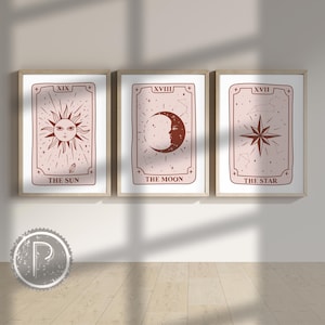 Sun, Moon, Star Tarot - Set of 3 Wall Art Prints | stylish gallery wall, aesthetic home decor, celestial tarot card art, digital, printable