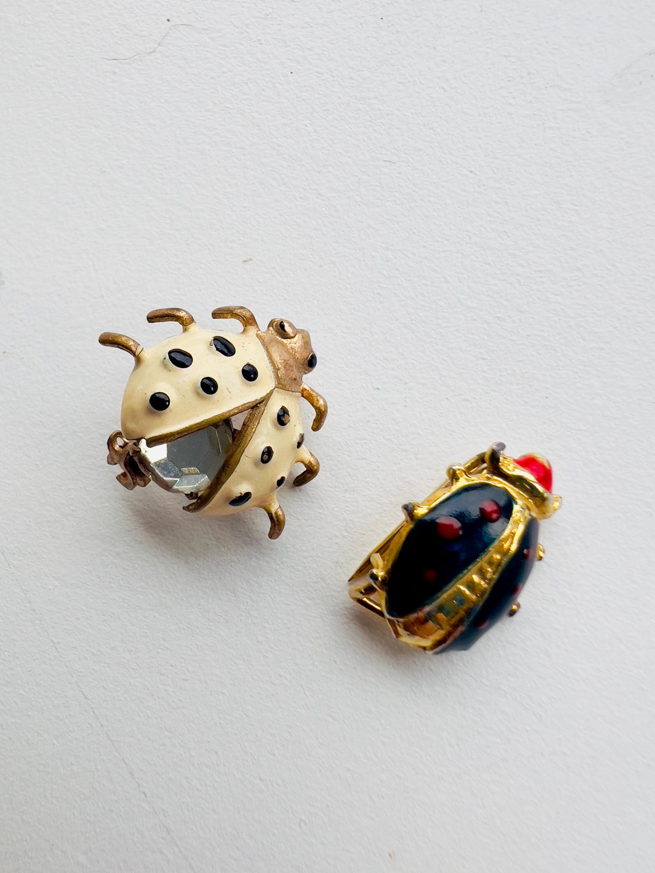 1960s Enameled Beetle Bug Vintage Brooch Pin, AB Rhinestone Accent ...