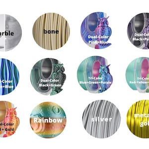 K&ouml;nnte beinhalten: Sortiment von 10 verschiedenen Farben Filament f&uuml;r den 3D-Druck. Die Farben umfassen Marmor, Knochen, zweifarbiges Pink und Blau, zweifarbiges Schwarz und Lila, zweifarbiges Gr&uuml;n und Blau, zweifarbiges Schwarz und Gr&uuml;n, dreifarbiges Blau, Gr&uuml;n und Lila, dreifarbiges Rot, Gelb und Gr&uuml;n, Regenbogen, Silber und Metallic-Gold.