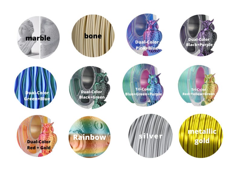 K&ouml;nnte beinhalten: Sortiment von 10 verschiedenen Farben Filament f&uuml;r den 3D-Druck. Die Farben umfassen Marmor, Knochen, zweifarbiges Pink und Blau, zweifarbiges Schwarz und Lila, zweifarbiges Gr&uuml;n und Blau, zweifarbiges Schwarz und Gr&uuml;n, dreifarbiges Blau, Gr&uuml;n und Lila, dreifarbiges Rot, Gelb und Gr&uuml;n, Regenbogen, Silber und Metallic-Gold.