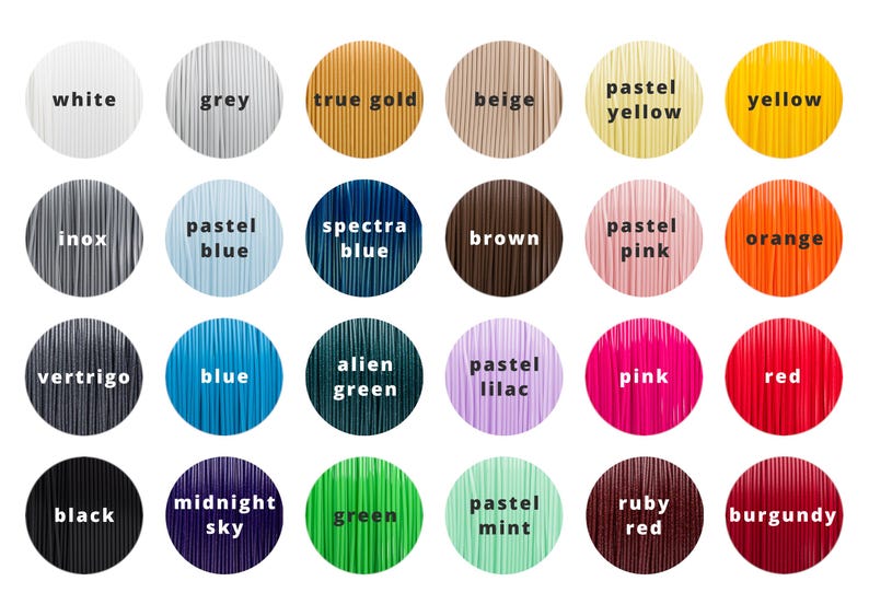 K&ouml;nnte beinhalten: Eine Farbkarte mit 24 verschiedenen Farben von Filament f&uuml;r den 3D-Druck. Die Farben umfassen Wei&szlig;, Grau, echtes Gold, Beige, Pastellgelb, Gelb, Inox, Pastellblau, Spektralblau, Braun, Pastellrosa, Orange, Vertigo, Blau, Alien-Gr&uuml;n, Pastelllila, Rosa, Rot, Schwarz, Mitternachtsblau, Gr&uuml;n, Pastellmint, Rubinrot und Burgunder.