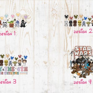 Pode incluir: Quatro designs diferentes com personagens de Star Wars. O primeiro design mostra um grupo de personagens de Star Wars com bal&otilde;es. O segundo design mostra um grupo de personagens de Star Wars. O terceiro design mostra um grupo de personagens de Star Wars com bal&otilde;es e o texto "Que a for&ccedil;a esteja com voc&ecirc;". O quarto design mostra um grupo de personagens de Star Wars com o texto "Star Wars".