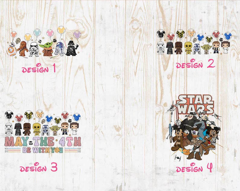 Pode incluir: Quatro designs diferentes com personagens de Star Wars. O primeiro design mostra um grupo de personagens de Star Wars com bal&otilde;es. O segundo design mostra um grupo de personagens de Star Wars. O terceiro design mostra um grupo de personagens de Star Wars com bal&otilde;es e o texto "Que a for&ccedil;a esteja com voc&ecirc;". O quarto design mostra um grupo de personagens de Star Wars com o texto "Star Wars".