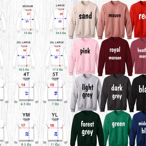Pode incluir: Um gr&aacute;fico que mostra diferentes tamanhos e cores de sweatshirts. Os tamanhos s&atilde;o small, medium, large, x-large, 2x-large, 3x-large, 3T, 4T, 5T, YS, YM e YL. As cores s&atilde;o areia, malva, vermelho, rosa, vinho real, vinho mesclado, cinza claro, cinza escuro, preto, cinza floresta, verde e azul marinho.