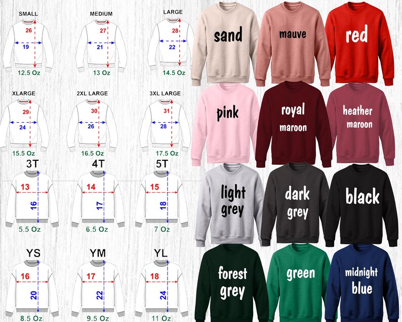 Pode incluir: Um gr&aacute;fico que mostra diferentes tamanhos e cores de sweatshirts. Os tamanhos s&atilde;o small, medium, large, x-large, 2x-large, 3x-large, 3T, 4T, 5T, YS, YM e YL. As cores s&atilde;o areia, malva, vermelho, rosa, vinho real, vinho mesclado, cinza claro, cinza escuro, preto, cinza floresta, verde e azul marinho.