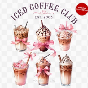 Iced Coffee Club Sweatshirt & Sleeve Watercolor PNG Design | Trendy Mom Coffee Lover Coquette Bow PNG DTF Sublimation, Coquette Png, Coffee