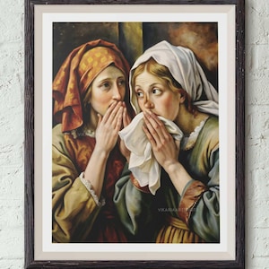 Two Women Painting Bathroom Art Funny Poster Print Vintage Midcentury Wall Art Classical Decor Digital Download Printable Art Amusing Gift