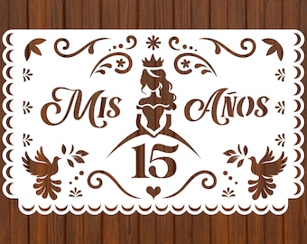 Papel Picado mis años, quinceanera, sweet 15 svg template, Mexican Decor, Papel Picado Svg, Mexican Banner SVG, Party SVG, Quinceañera svg