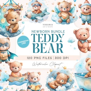Clipart aquarelle ours en peluche pour garçon, 120 cliparts aquarelle baby shower, clipart ours en peluche bleu, ours en peluche vintage, clipart mignon nounours