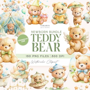 Teddy Bear Clipart, 150 Baby Shower Clipart, Green Clipart For Invitation, Watercolor Teddy Bear Graphic,Teddy Bear Illustration For Nursery