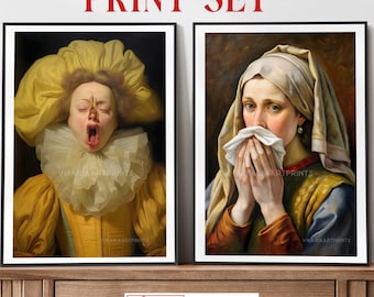 Funny Bathroom Art Print Set, Bathroom Bundle Set of 2 Classical Painting Vintage Style Poster Prints Toilet Humor Amusing Gift, Funny Gift
