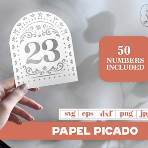 Numéros de table, numéros Papel Picado, mariage mexicain, Fiesta mexicaine colorée, numéros de table blancs dans le style Papel Picado, svg mariage, fiesta