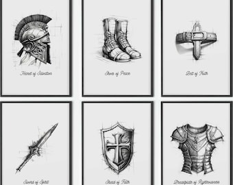 Armadura completa de Dios, 6 IMPRESIONES DIGITALES, Efesios 6:13-17, Impresión bíblica, Póster bíblico, Armadura de Dios, Impresión de versículos bíblicos, Bocetos bíblicos, Cristiano