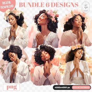 May include: A digital download bundle of six illustrations featuring women with flowers in their hair, praying with their hands clasped together. The illustrations are in a soft, pastel color palette and have a dreamy, ethereal feel.