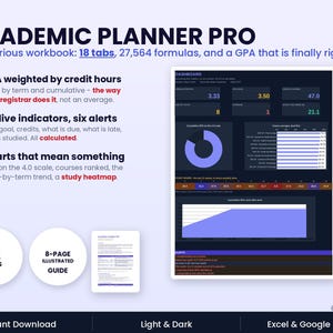 Peut inclure: Cahier d'exercices numérique Academic Planner Pro avec 18 onglets et 27 564 formules. L'interface affiche un tableau de bord avec des mesures de GPA, des calculs d'heures de crédit, des indicateurs en direct, des alertes et des graphiques.