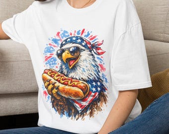 Funny Bald Eagle Hot Dog Graphic Tee, Patriotic USA America 250 Shirt