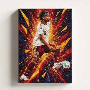 Puede incluir: Un lienzo rectangular que muestra a un jugador de fútbol con camiseta blanca y pantalón corto granate, regateando un balón. El fondo es una explosión dinámica de formas geométricas en tonos vibrantes de amarillo, naranja, rojo y azul.