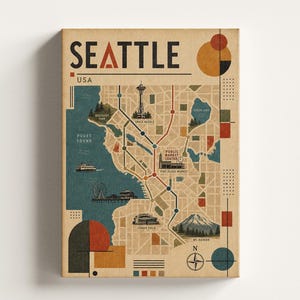 May include: A rectangular wall art print featuring a stylised map of Seattle, USA. The design includes the text SEATTLE, landmarks like the Space Needle and Pike Place Market, Puget Sound, and Mount Rainier, rendered in a muted palette of tan, blue, and red.