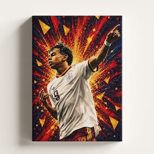 May include: A rectangular canvas print featuring a soccer player in a white jersey with the number 19 and the Spanish national team crest. The player points upward against a vibrant, explosive background of red, yellow, and dark blue geometric shapes.