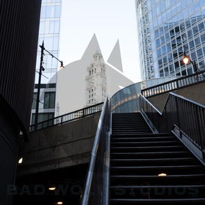 May include: A black metal staircase with a railing leading up to a building with a glass facade. The building is in the background and the staircase is in the foreground. The staircase is made of metal and has a black railing. The building is made of glass and has a modern design.