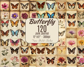 Vintage Butterfly Digital Paper, Junk Journal Pages, Butterfly Clipart Ephemera, Antique Botanical Scrapbook Kit