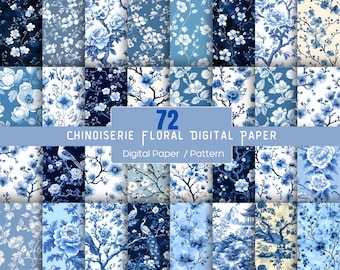 72 Chinoiserie Floral Digital Papers, Blue White French Botanical (Seamless JPG & PNG)
