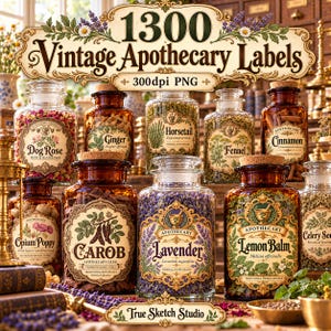 May include: A collection of amber glass apothecary jars filled with dried herbs and botanicals, each featuring an ornate cream-colored label with text including Dog Rose, Ginger, Horsetail, Fennel, Cinnamon, Opium Poppy, Carob, Lavender, and Lemon Balm.